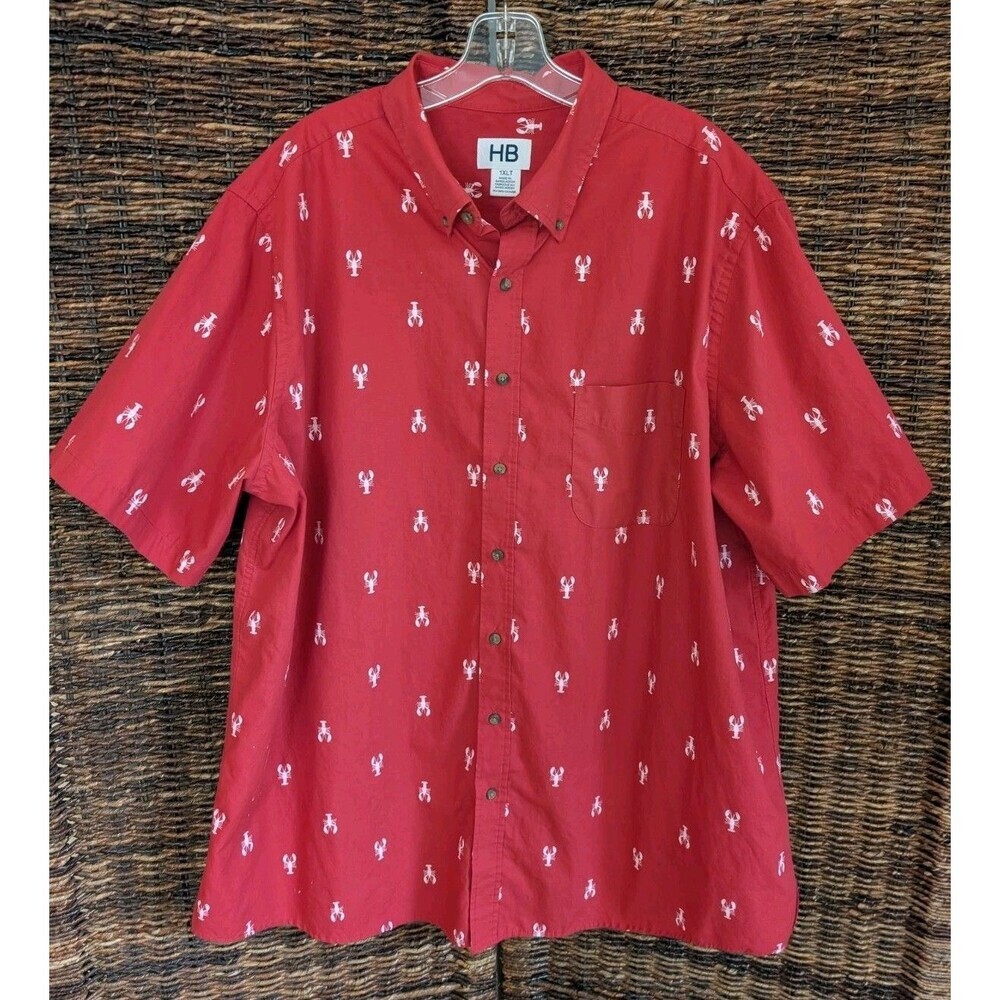 HB Lobster Print Button Up Short Sleeve Collared Shirt Men 1XLT Coastal Nautical